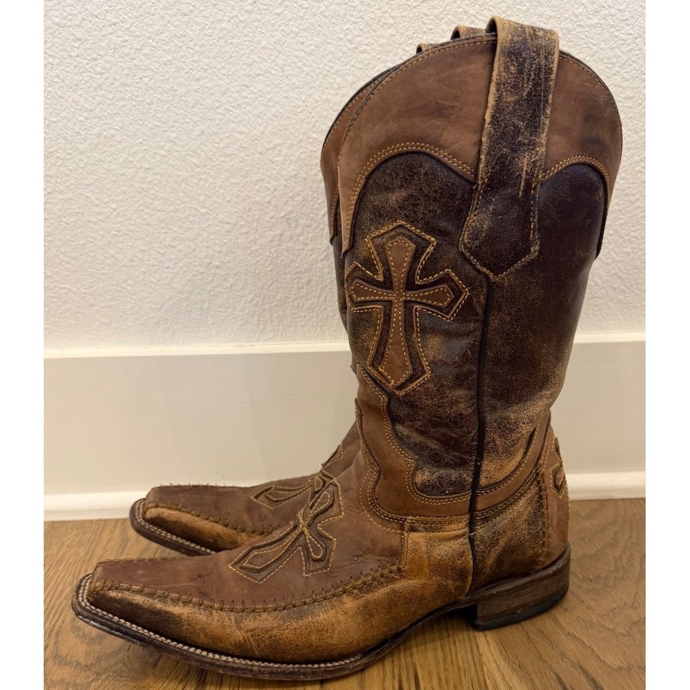 Reyme Cowboy‎ Rodeo Boots Cross Embroidered Brown Leather Distressed